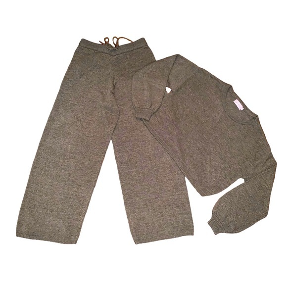 Beige Botany Knit Set Pants Cropped Sweater Top Lounge